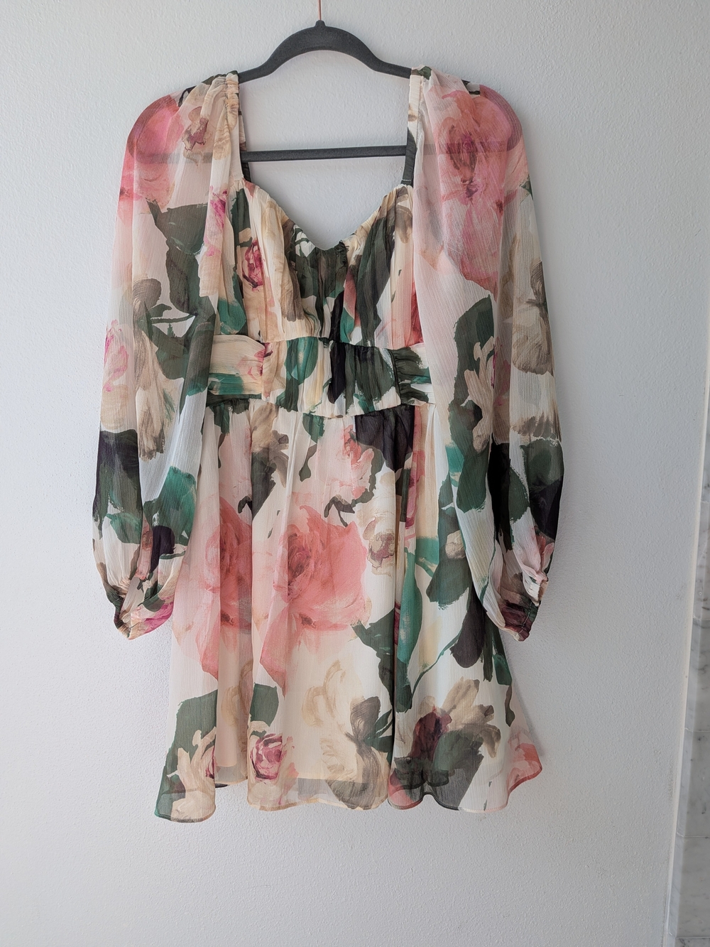 Express Floral Chiffon Mid-Sleeve Mini Dress - Pink, Green, Cream M